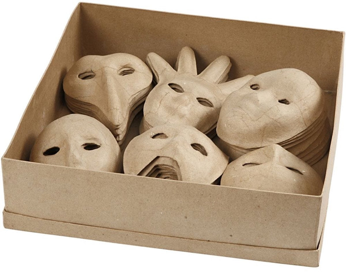 Creativ company handgemaakte papier-maché maskers - set van 60 stuks - 6 verschillende vormen - 12-21 cm - creatief masker maken