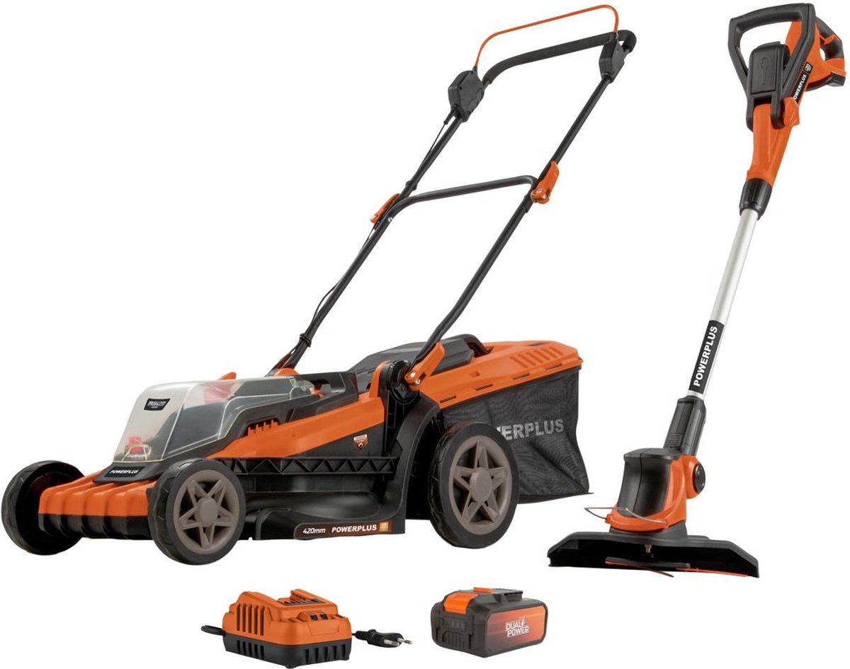 Powerplus dual power accu grasmaaier en grastrimmer powdpg75622 - grasmaaier met 2* 20 v en 420 mm ø en grastrimmer met 240 mm ø, tuingereedschap