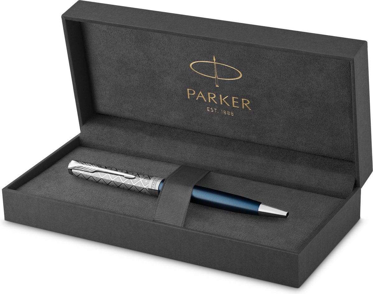 Parker sonnet vulpen | | roestvrij staal en blauwe lak| fijne penpunt met zwarte inkt navulling | geschenkdoos