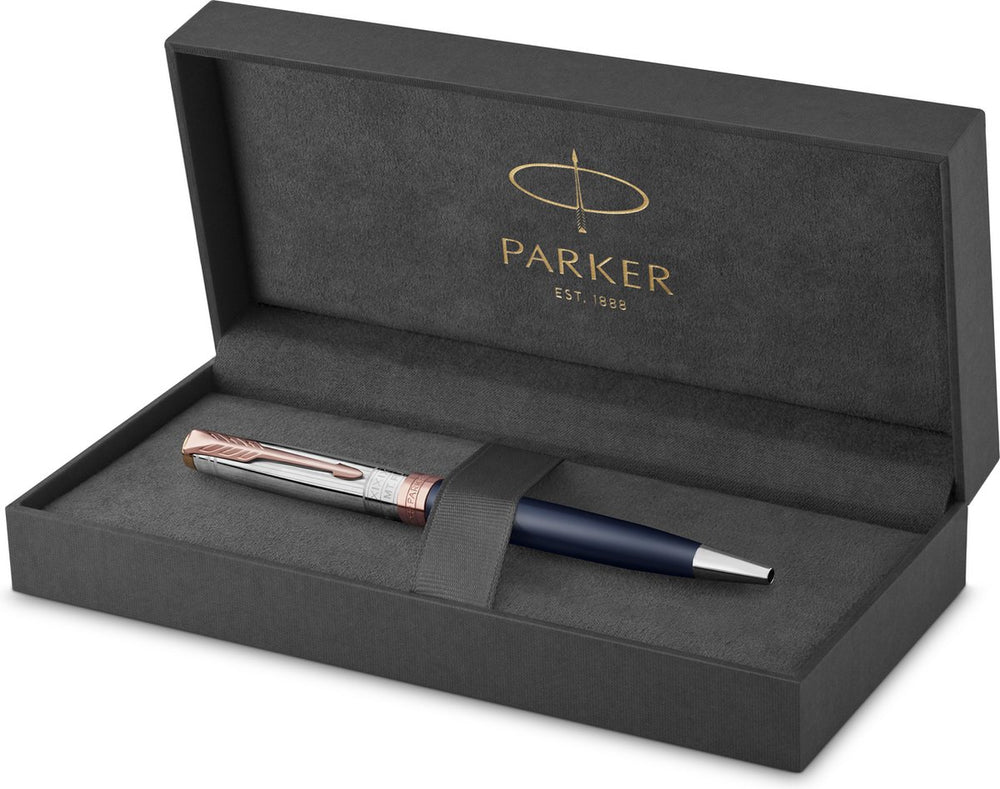 Parker sonnet balpen | intrepid journeys collection, mt. fuji edition | blauwe lak en massief zilver met rosé gouden details | medium penpunt met zwarte inkt | geschenkverpakking