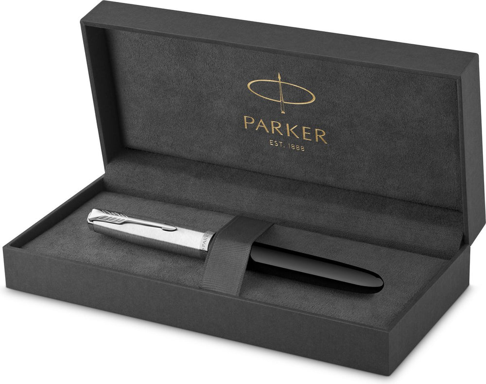 Parker 51 vulpen | zwarte hars | chroom detail | fijne punt met zwarte inkt | geschenkverpakking