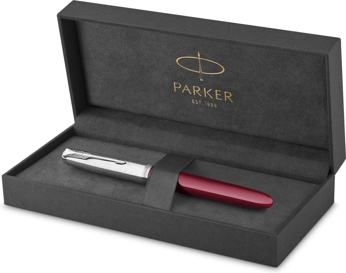 Parker 51 vulpen | wijnrode hars | chroom detail | fijne punt met zwarte inkt | geschenkverpakking