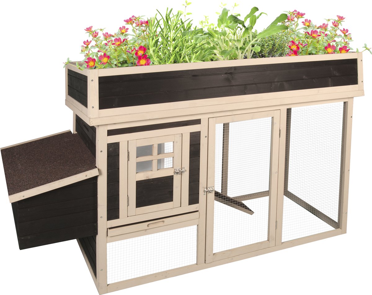 Flamingo kippenhok met ren – kippenren voor buiten – kippenhok met uitloopren – 168x65x106 cm – kippenren flora country bruin