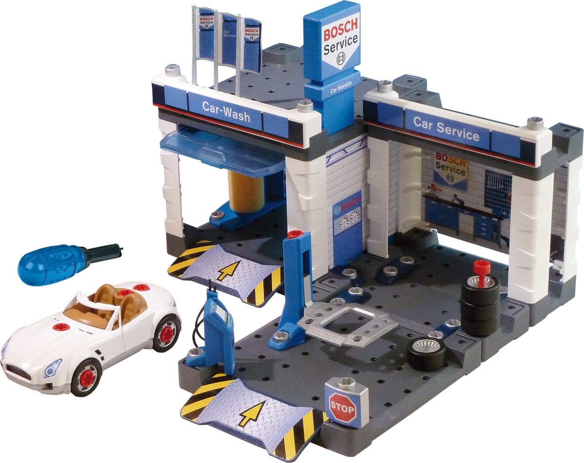 Klein toys bosch car service autogarage - montagespeelgoed met hefbrug en wasstraat - 41x39x29 cm - blauw