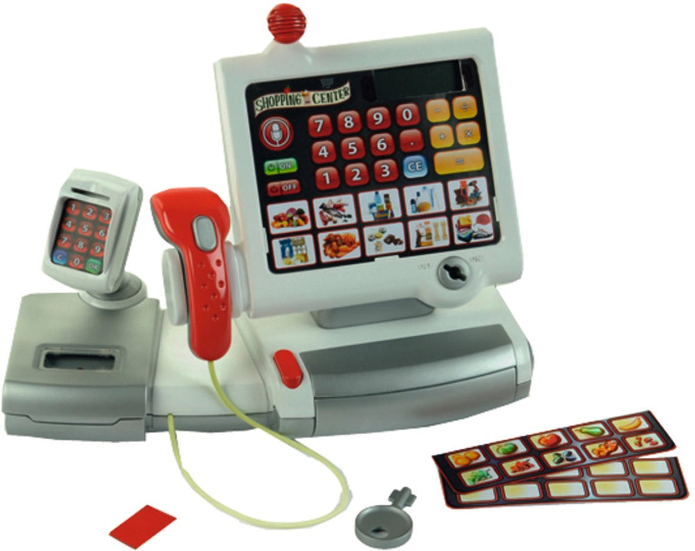 Klein toys elektronische kassa - touchpad, scanner, weegschaal en rekenmachinefunctie - 31x15,5x23 cm - incl. speelgeld, uitschuifbare geldla, licht- en geluidseffecten - grijs