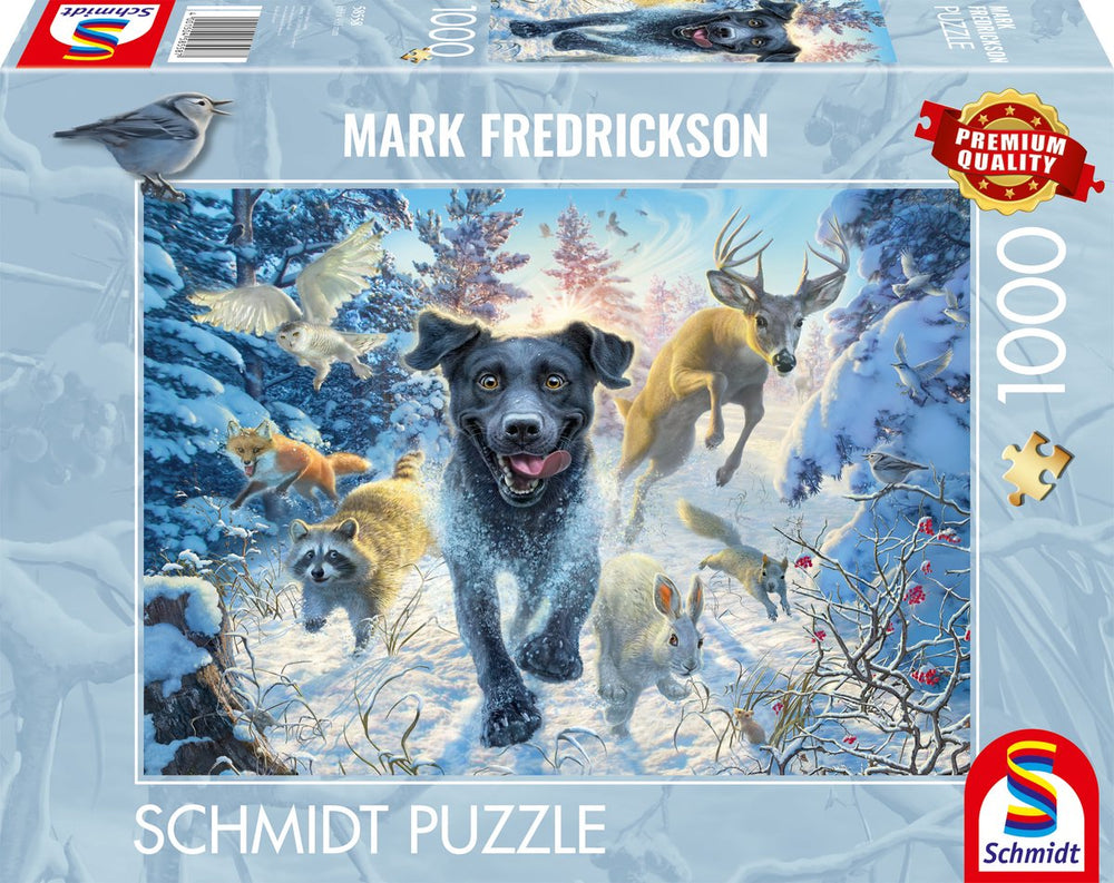 Schmidt - legpuzzel - hondenliefde, zwarte labrador in de sneeuw - mark fredrickson - 1000 stukjes - volwassenen - vanaf 12 jaar