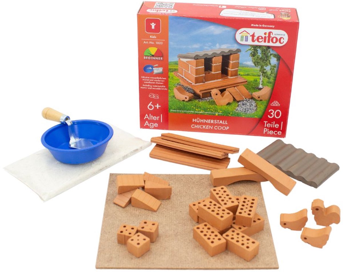 Teifoc ® bouwdoos – kippenhok bouwset – 30 onderdelen – echte mini bakstenen met cement, kom en troffel – bouwpakket voor kinderen vanaf 6 jaar