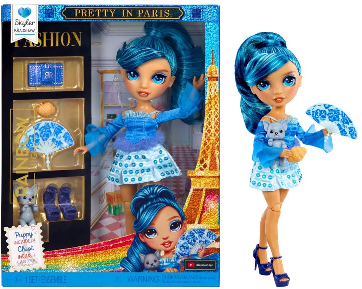 Rainbow high pretty in paris-modepop skyler bradshaw (blauw) van 28 cm met statementoutfit, stijlvolle handtas, speelgoed of cadeau voor meisjes, kinderen van 4-12 jaar