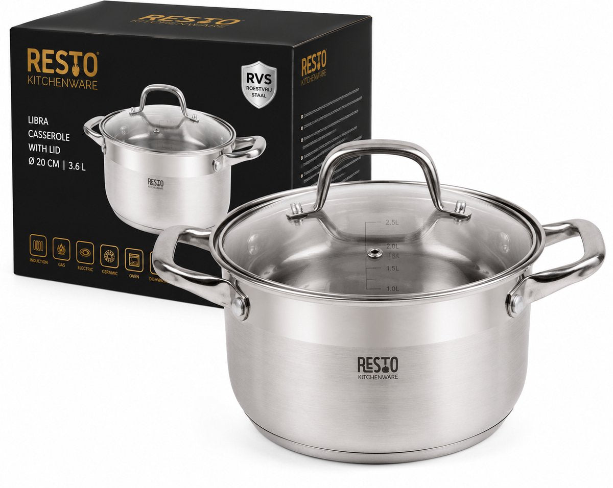 Resto kookpan inductie 3,6 liter ø20 cm rvs met glazen deksel – soeppan braadpan – kitchenware 92003 – alle warmtebronnen – zilver