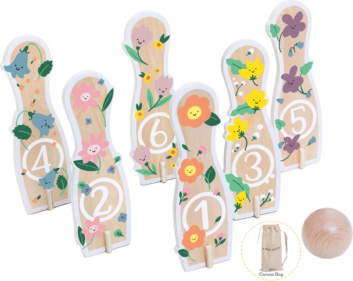 Klassieke wereld houten bowlingset bloemen, 14dlg,
