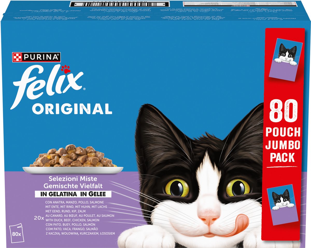 Felix mix selectie in gelei - kattenvoer natvoer – eend, rund, kip, zalm – 80 x 85 g