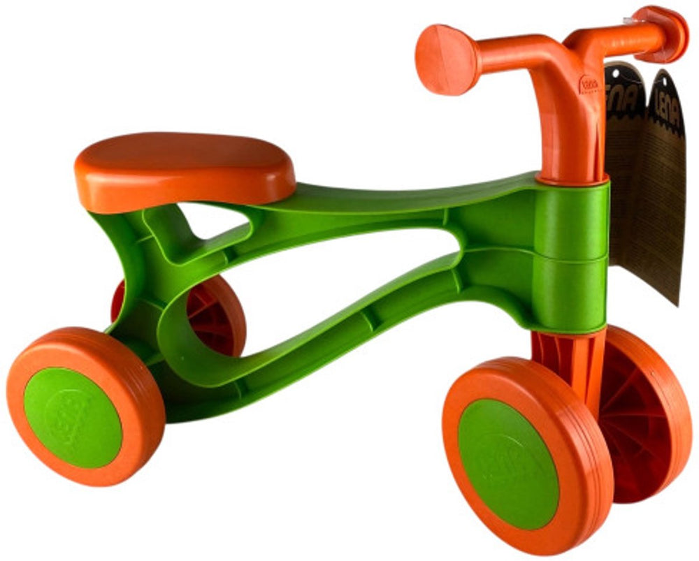Lena loopfiets eco oranje groen - duurzaam speelgoed voor kinderen.