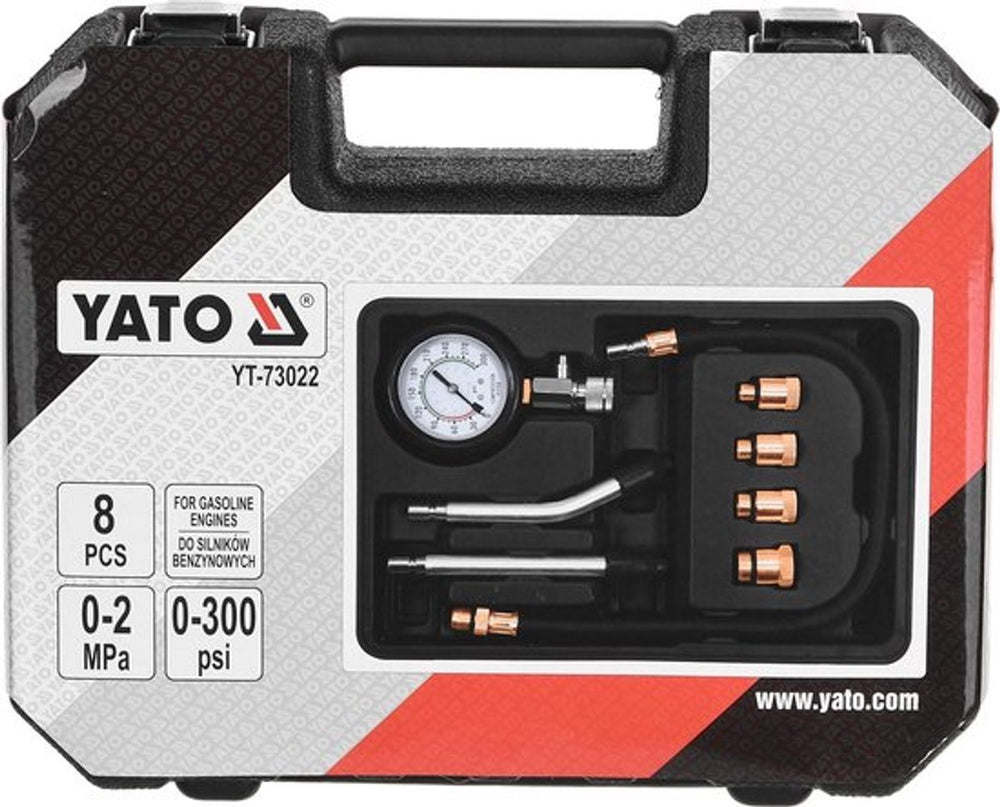 Yato compressietester set voor benzinemotoren - 8-delig - drukmeter 0-300 psi 0-2 mpa - met m10, m12, m14 m18 messing adapters, drukpijpen flexibele slang 50 cm - motordiagnose tester in koffer
