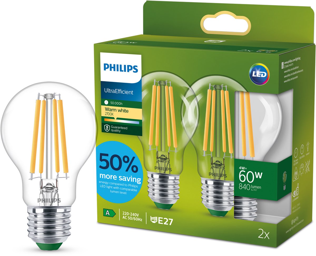 Philips led lamp transparant - 60 w - e27 - warmwit licht - 2-pack - bespaar op energiekosten