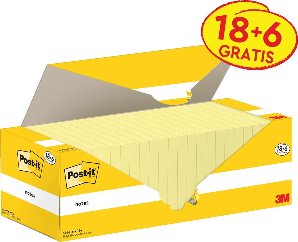 Post-it memoblok 3m 654-cy 76x76mm geel voordeelpak