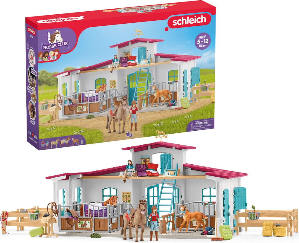 Schleich horse club - manege - kinderspeelgoed - paarden speelgoed - paardenstal, 3 paarden en 2 speelfiguren - 115 onderdelen