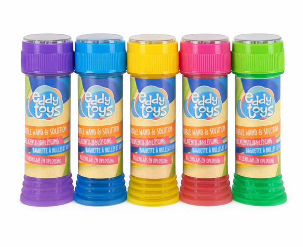 Eddy toys bellenblaas set - 5 bellenblaasstokjes met vloeistof - kunststof - meerkleurig - voor jongens en meisjes - geschikt voor buitenspelen en feestjes - 19,2 x 4 x 11 cm