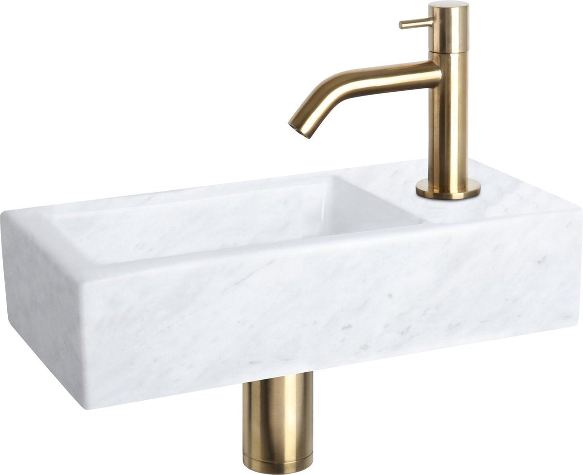 Differnz helios fonteinset - 37.5x18.5x9.5cm - rechthoek - 1 kraangat - gebogen matte gouden kraan - mineraalsteen marmer