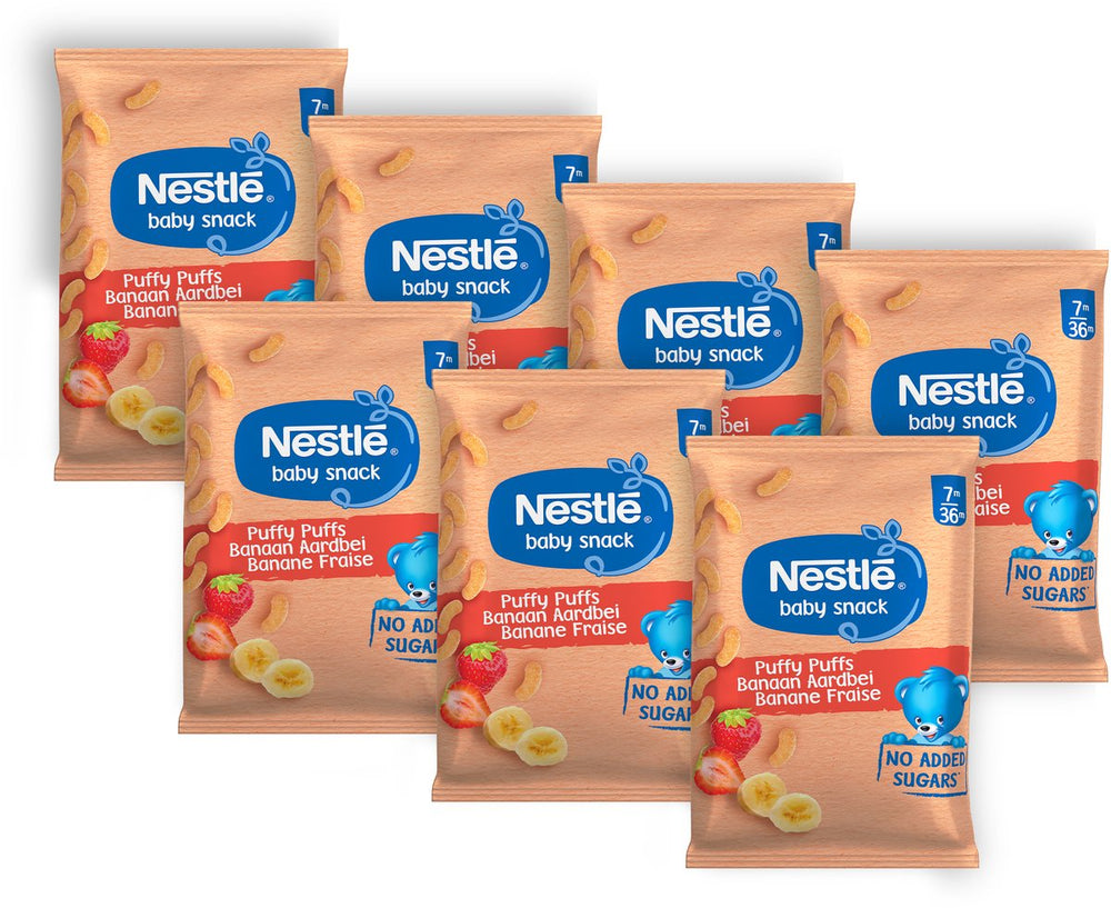 Nestlé baby snack puffy puffs banaan aardbei - babyvoeding tussendoortjes 7m+ - 7 zakjes x 28g