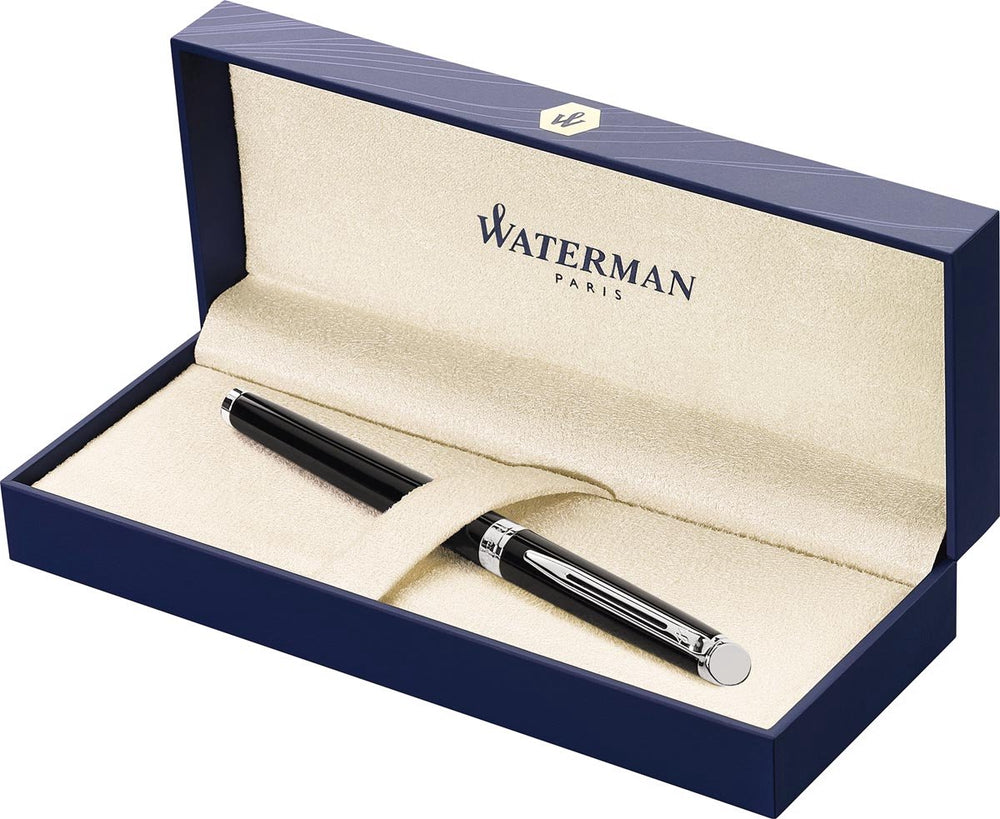Waterman hémisphère-rollerballpen | glimmend zwart met chromen rand | fijne punt | zwarte inkt | cadeauverpakking