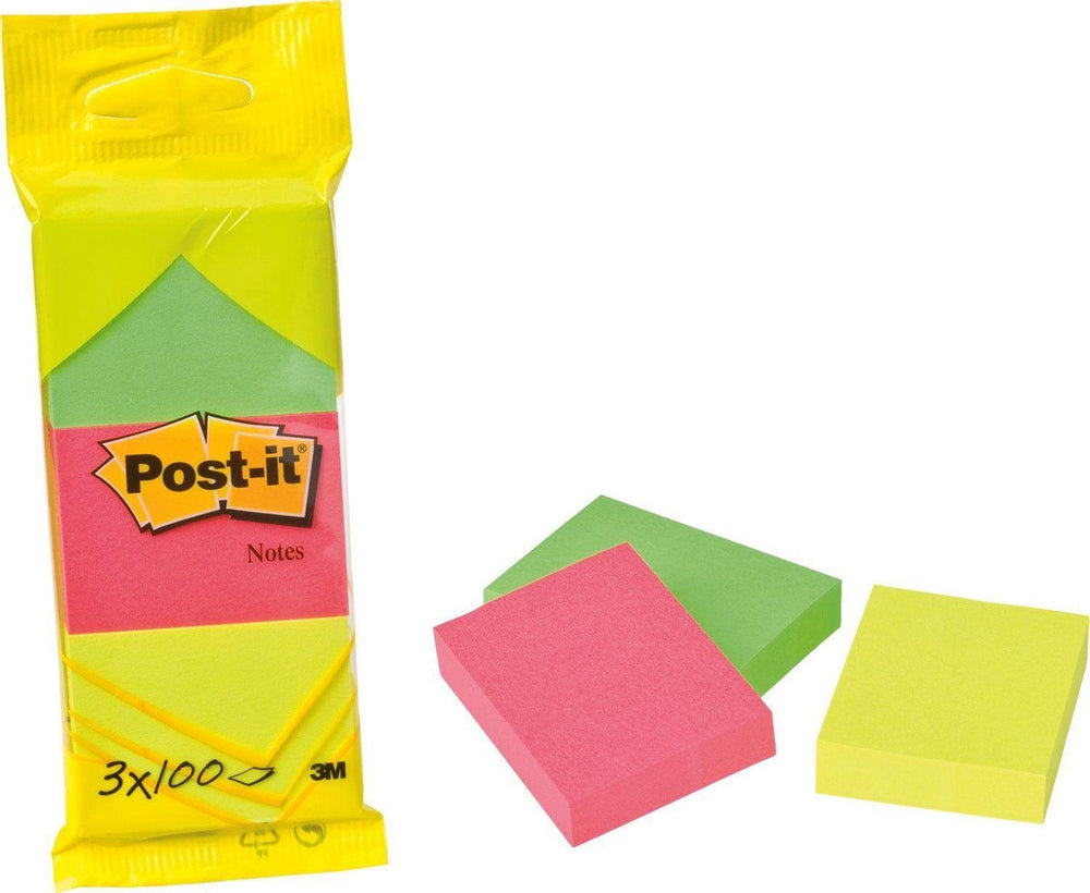 Post-it notes, ft 38 x 51 mm, 100 vel, blister van 3 blokken in neon geel, roze en groen - sticky notes