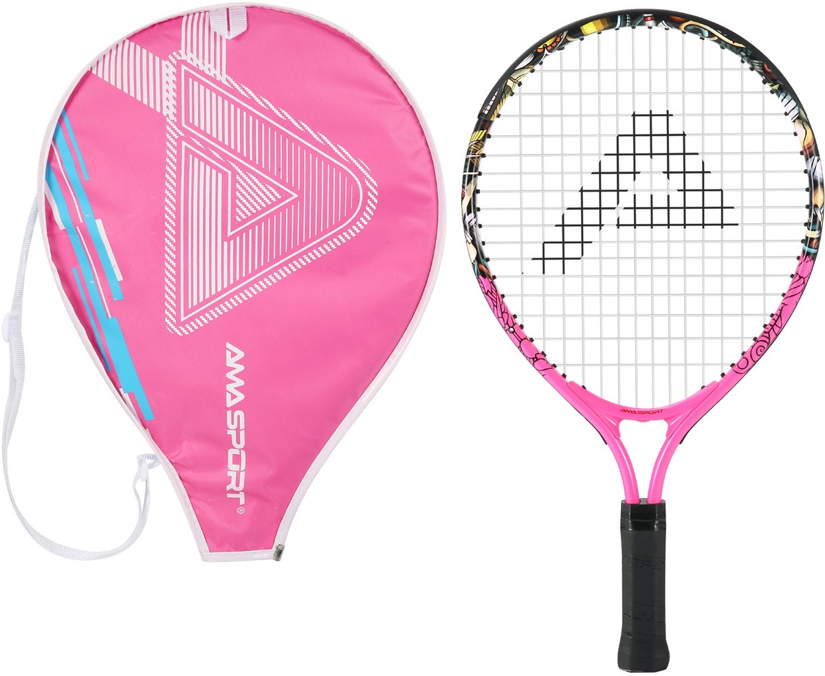 Ama sport kinder tennisracket graffiti roze 21 inch – lichtgewicht junior racket met tas – ideaal voor beginners –