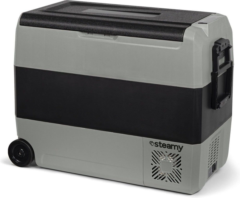 Steamy -e dual zone roller elektrische compressor koelbox op wielen - 56 liter - 12v en 230v - voor auto en camping - grijs
