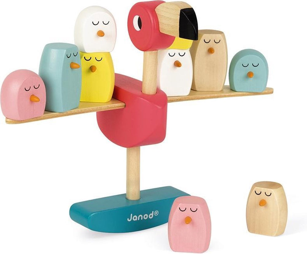 Janod zigolos - houten balansspel flamingo - evenwichts- en behendigheidsspel - de eerste die de flamingo en zijn kleintjes omgooit, heeft verloren! - geschikt vanaf 3 jaar