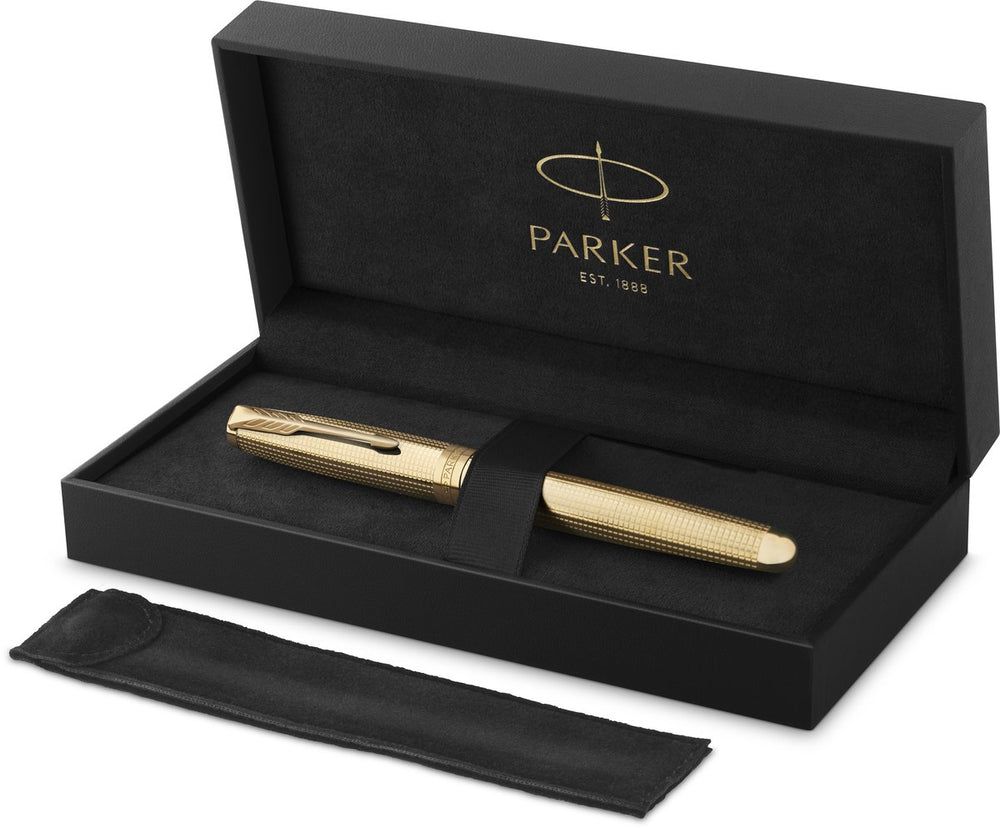 Parker sonnet ciselé special edition vulpen, dop, huls en detail met gouden afwerking, medium, 18k massief gouden penpunt, zwarte inkt en converter