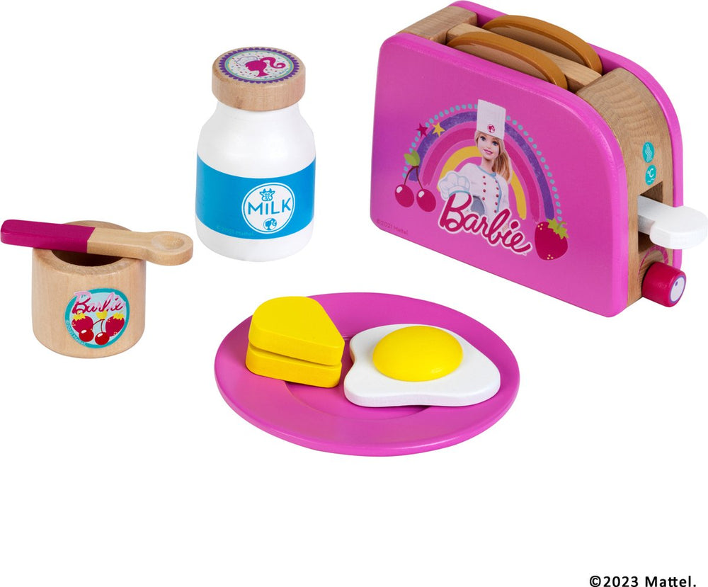 Klein toys barbie broodrooster - incl. diverse ontbijt accessoires - hout van duurzame, gecertificeerde teelt - roze