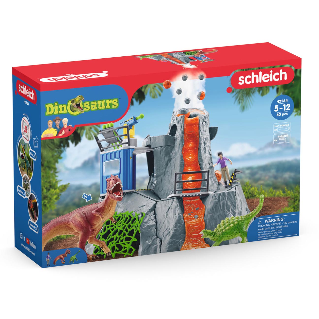 Schleich dinosaurus - de grote vulkaan expeditie - dino speelgoed - kinderspeelgoed - dino speelgoed - t-rex, ankylosaurus en uitbarstende vulkaan - 36 onderdelen