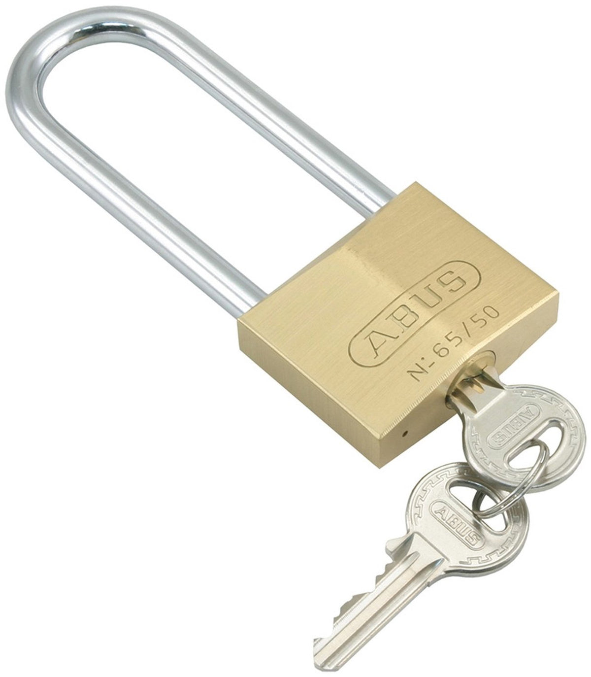 Abus hangslot 65hb - hoge beugel voor extra ruimte - skb 40 mm - bh 63 mm - materiaal messing - openingsmechanisme met sleutel - inhoud: 1 slot - gewicht 180 gram - kleur messing goud