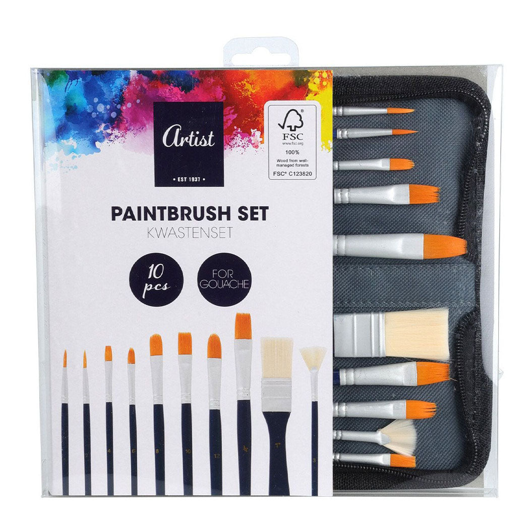 Kwastenset voor gouache in opbergtas. 10e.