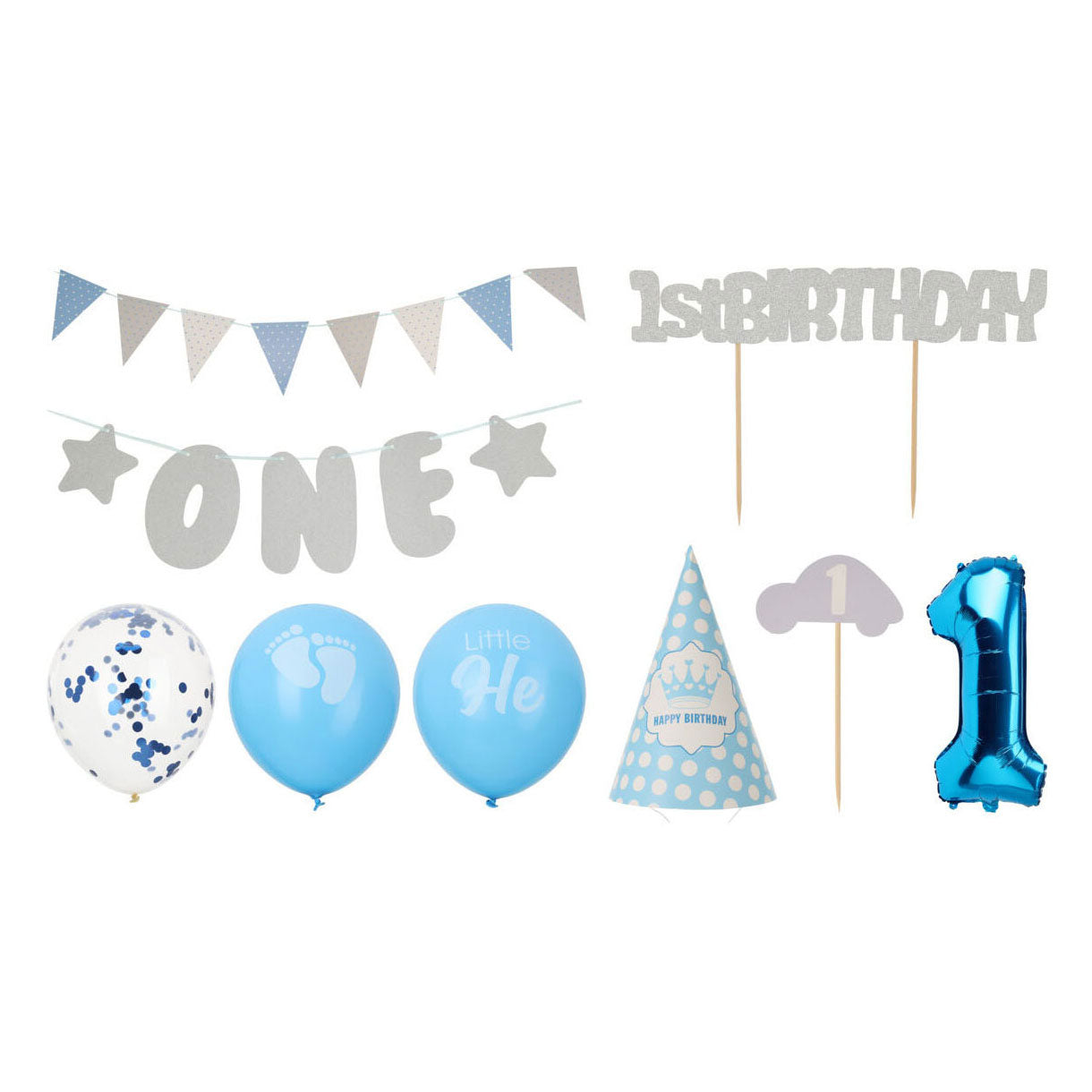 Set feestversiering 1e verjaardag - blauwe jongen, 9dlg.