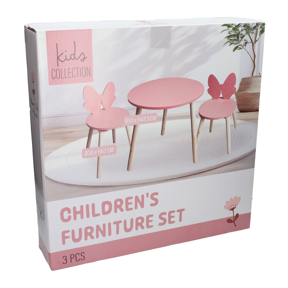 Houten set tafeltje met 2 stoelen vlinder - roze