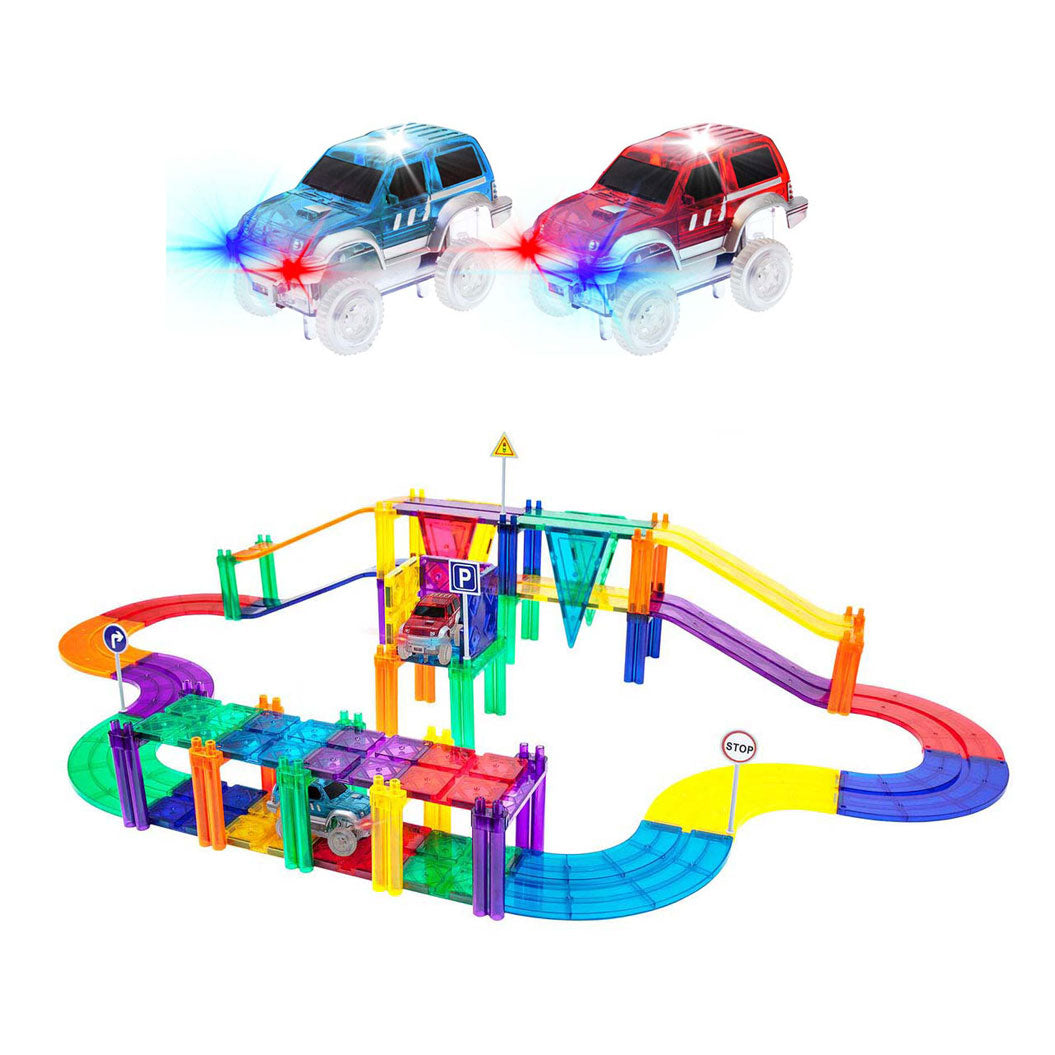 Picasso tiles tactic - constructiespeelgoed - magnetic tiles - magnetische tegels - race track - stem speelgoed - magnetische racebaan met 2 led auto's - 50-delig - vanaf 3 jaar