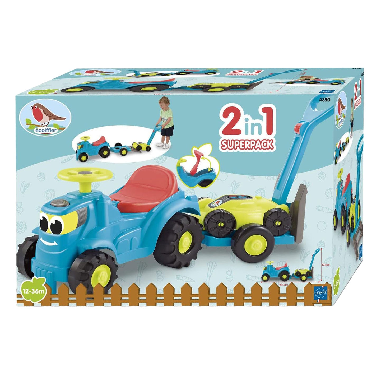 Ecoiffier tractor met aanhanger en grasmaaier