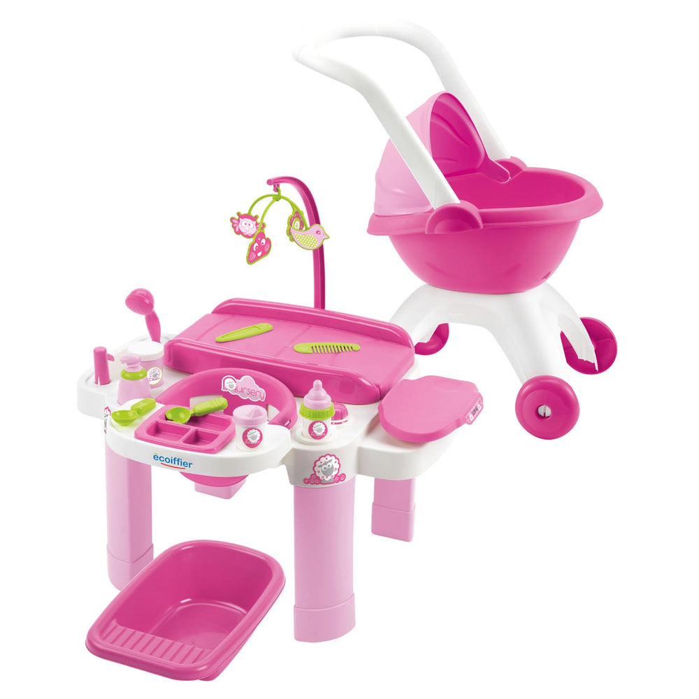 Ecoiffier ecoffier verzorgingsset met poppenwagen