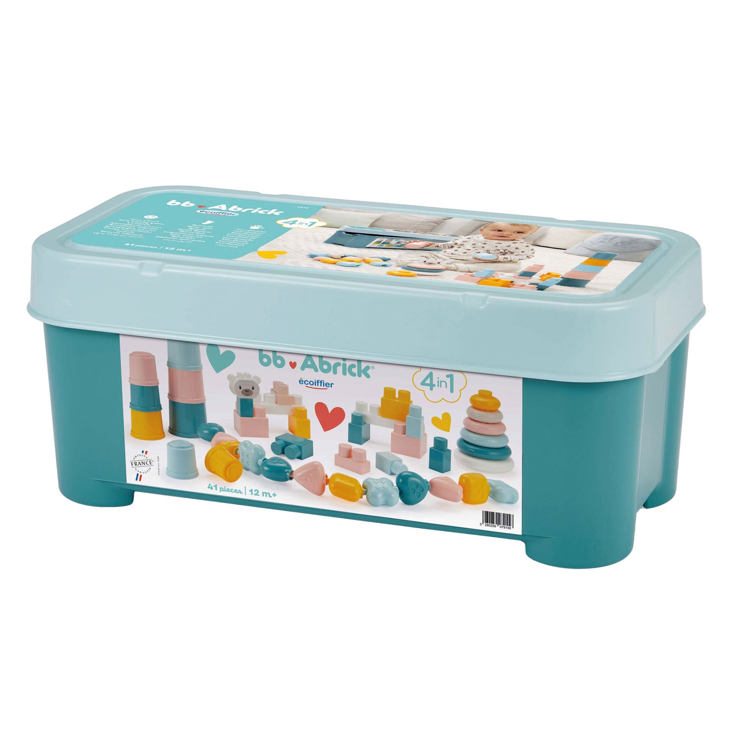 Ecoiffier abrick ecoiffier bb abrick babyspeelgoed 4in1 speelset in opbergbox - 41dlg.