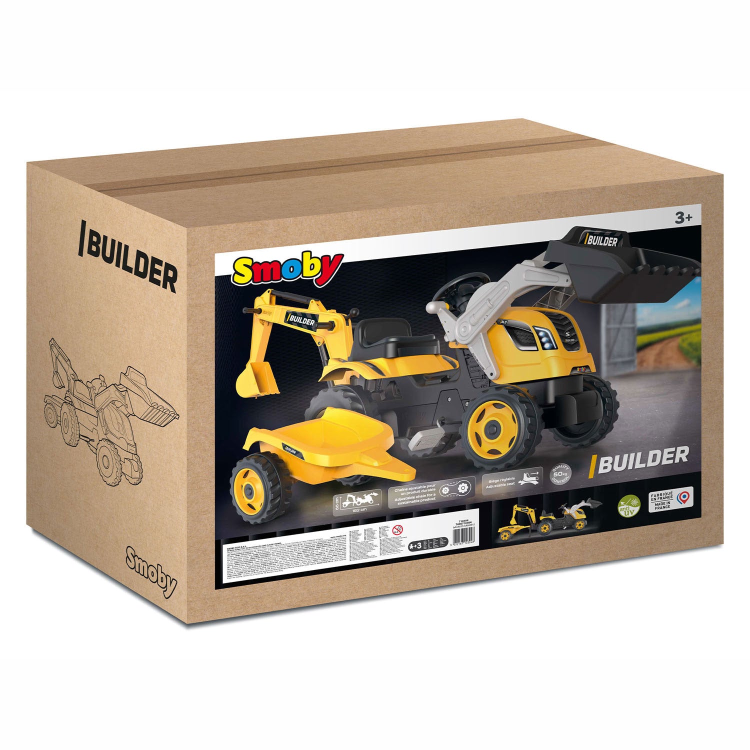 Smoby Bouwer Max Graafmachine Traptractor met Trailer Geel