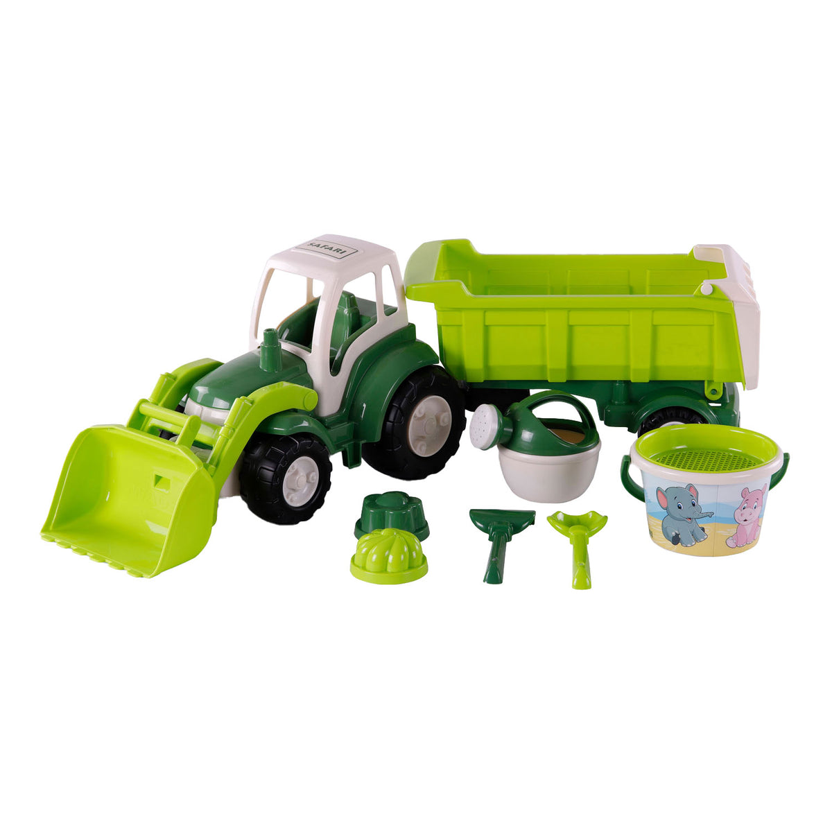 Cavallino XL tractor green with tipping trailer and bucket set, 9-piece.