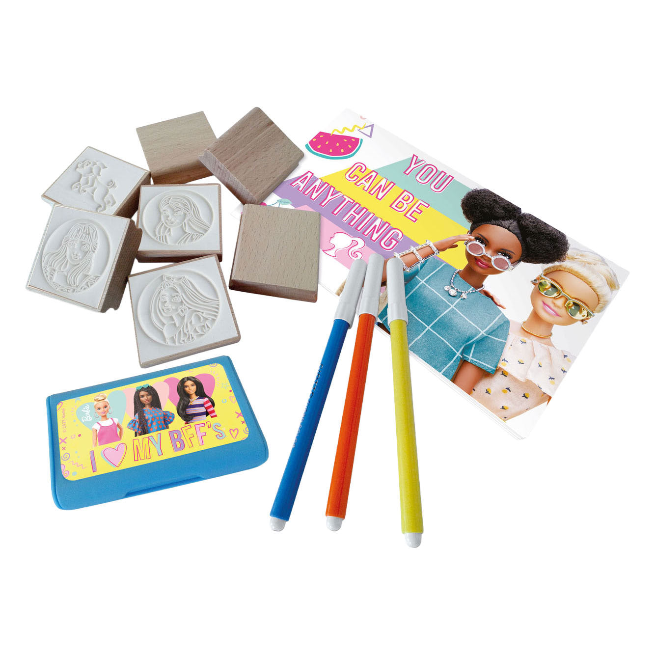 Mattel houten stempels, notitieboekje en viltstiften barbie - 12dlg.