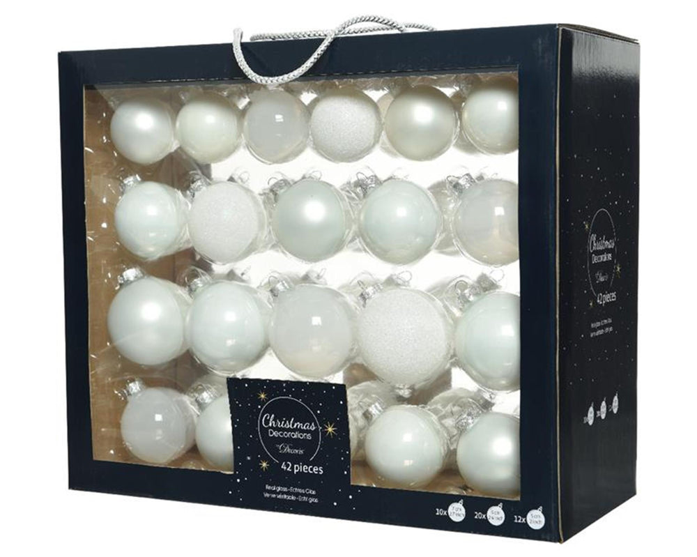 Decoris kerstballenset van glas winter wit box a 42 stuks