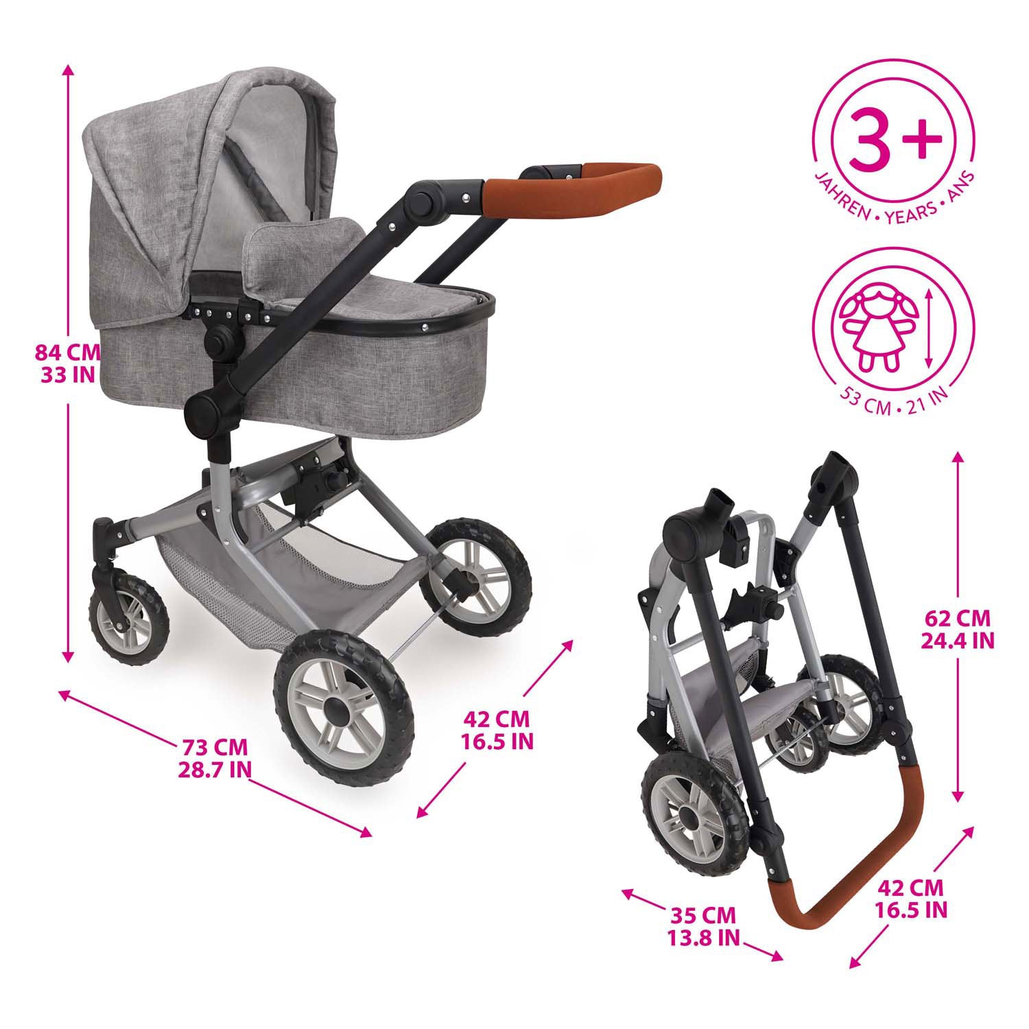 2-in-1 poppenwagen met tas - grijs