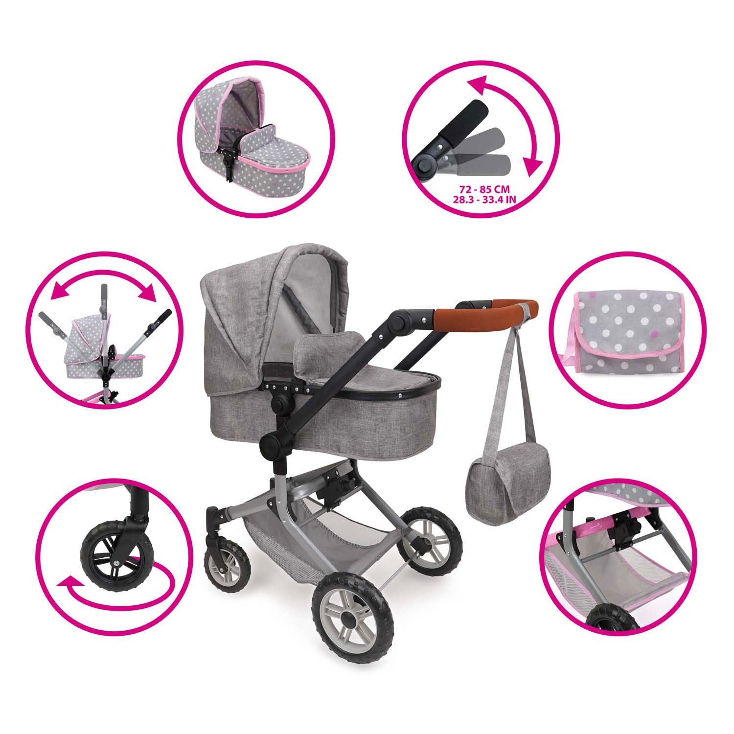 2-in-1 poppenwagen met tas - grijs