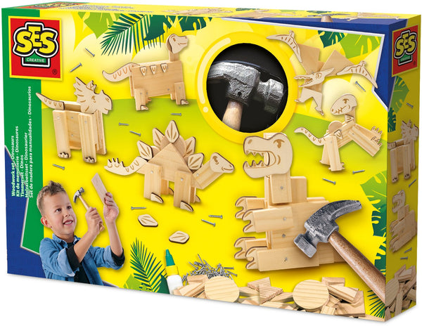 Ses creative - timmerset - dinosaurus - montessori speelgoed jongens - met echte hamer, spijkers en voorgezaagde houten plankjes - knutselen jongens - dinosaurus speelgoed