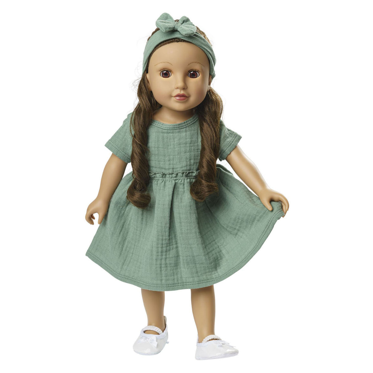 Heless doll dress cotton with ruffles and headband sage green 28-35cm.