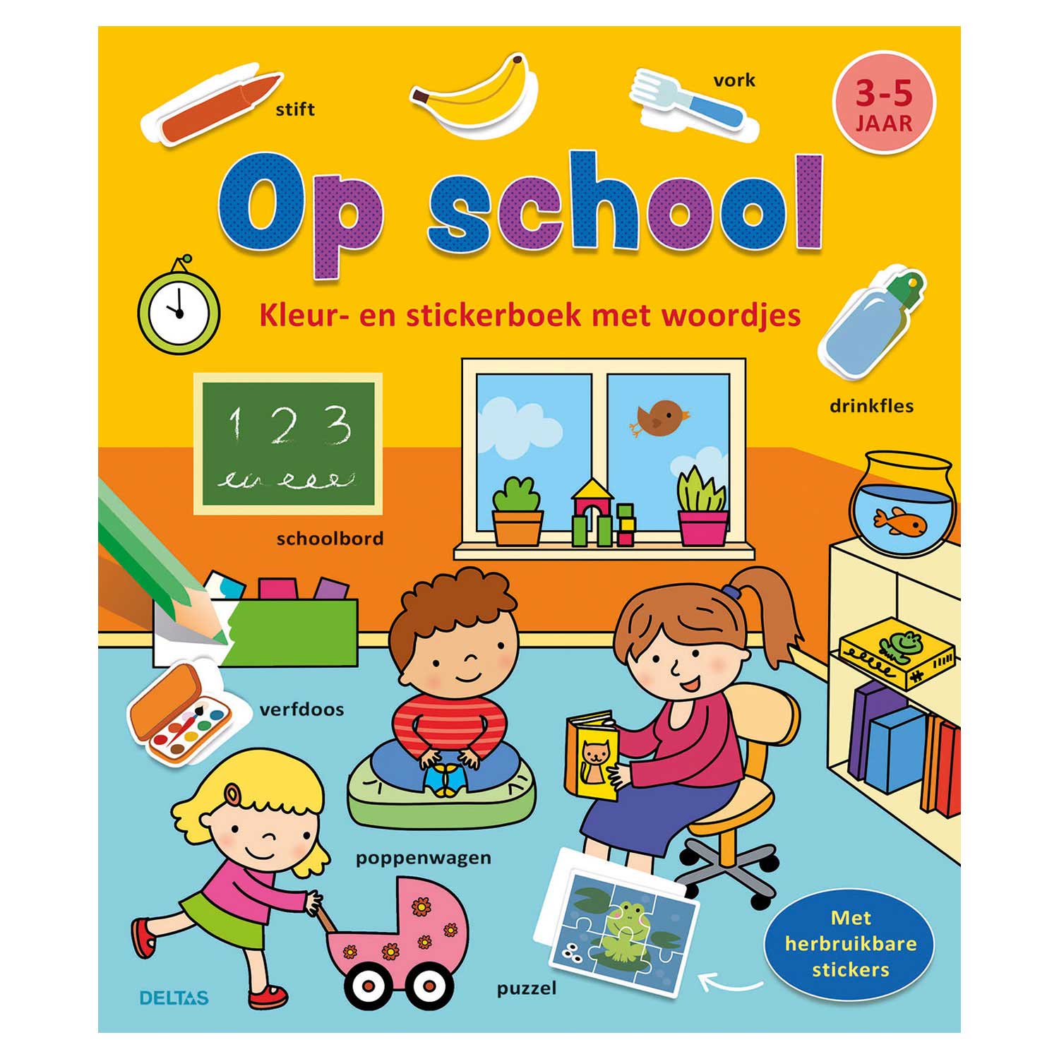 Deltas kleur- en stickerboek met woordjes - op school