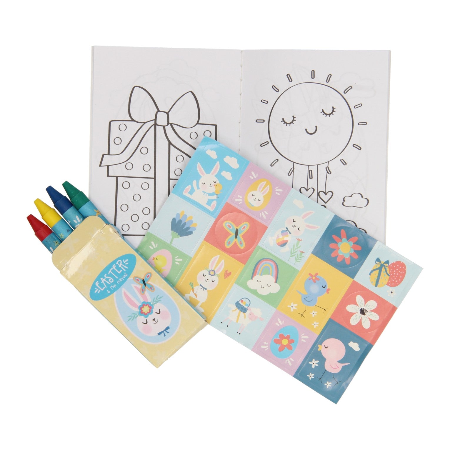 Traktatiesetje: kleurboekje, waskrijtjes stickervel - pasen