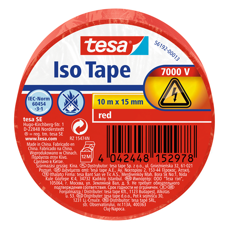 Tesa 1067798 - electrische isolatie 10m x 15mm rood | 10 stuks
